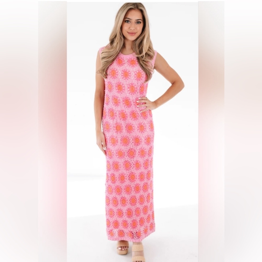 J. Marie Caysie Crochet MIDI Sleeveless Pink Floral Boho Dress Small MSRP $282